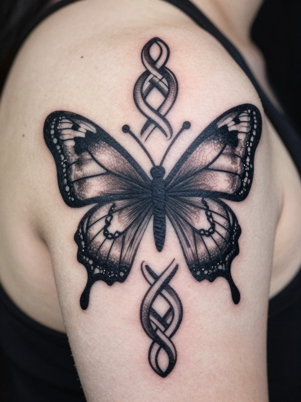 Detailed shot of the shoulder tatoo: a butterfly formed from a continuous, looping Celtic knot. The design is bold, black, and lace-like."