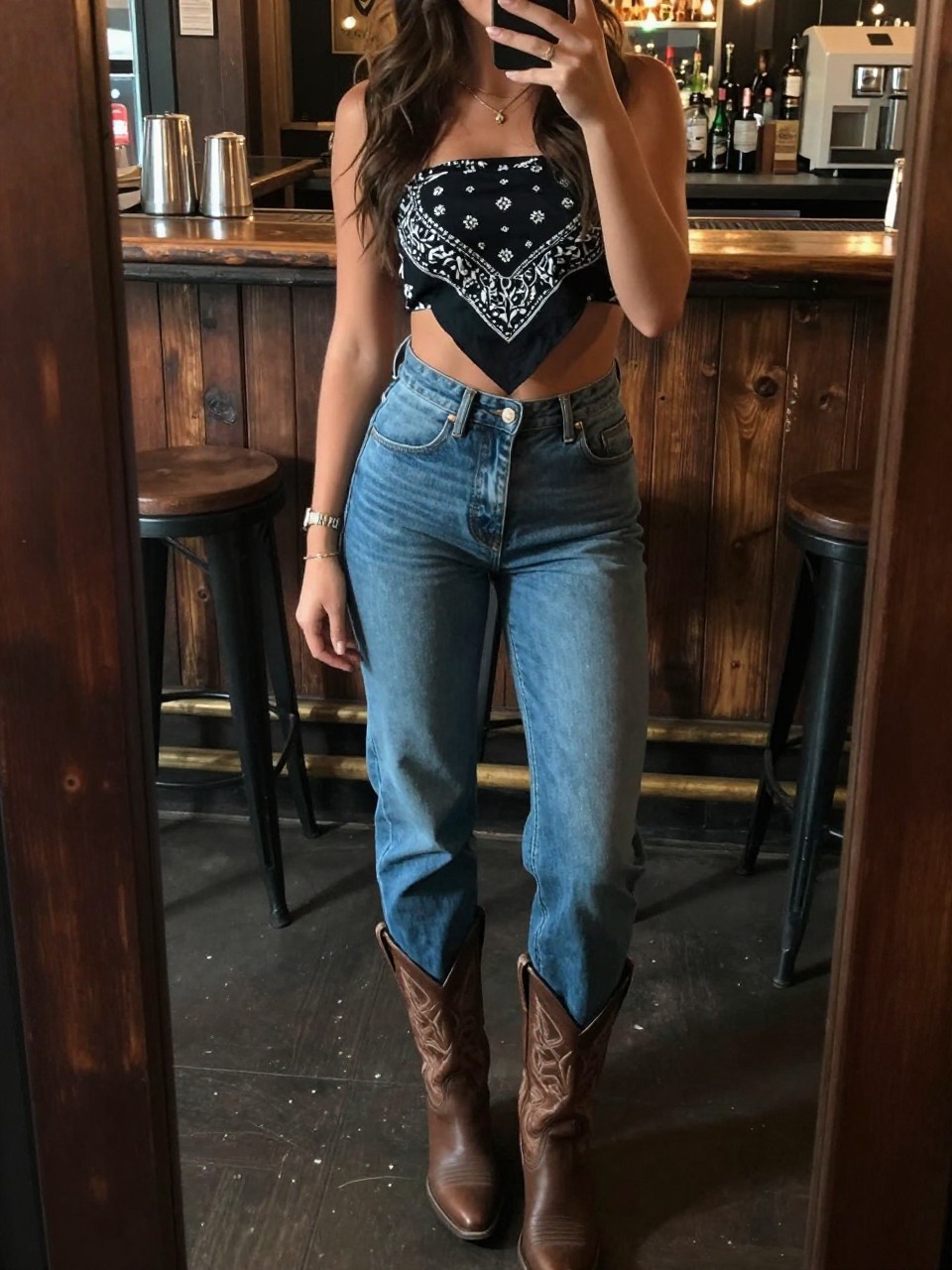 mirror selfie of a woman in a bandana top and high-waisted jeans with cowboy boots, standing in a rustic bar or outdoor venue, cropped at NECK so face doesn't show, in a city apartment, warm moody lighting, iPhone photo quality.