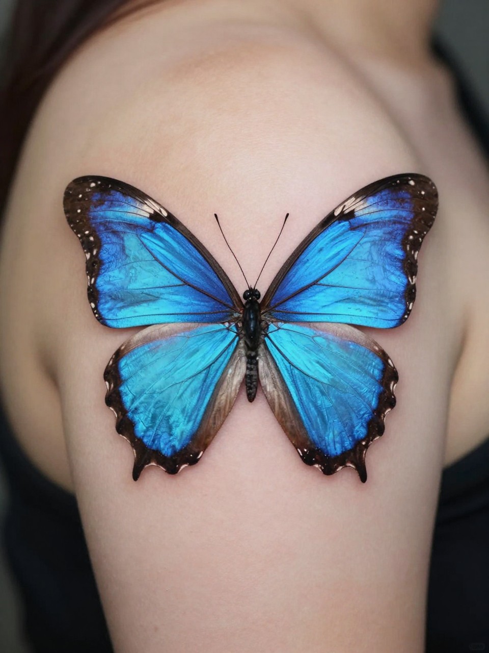 Close-up of a shoulder tattoo: a photorealistic Blue Morpho butterfly tattoo with incredible iridescent detail on the wings. Looks like a scientific illustration on the skin, it should look realistic