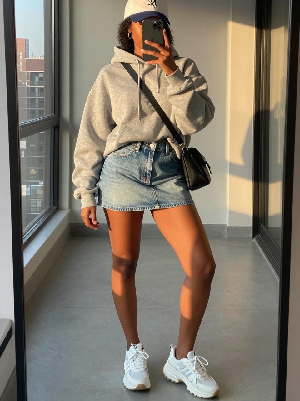 mirror selfie of a black woman wearing an oversized heather grey hoodie that covers most of a light-wash denim mini skirt with chunky white sneakers and a baseball cap, holding a black crossbody bag, standing in a relaxed casual pose, cropped at NECK so face doesn't show, in a city apartment, evening golden hour, iPhone photo quality.