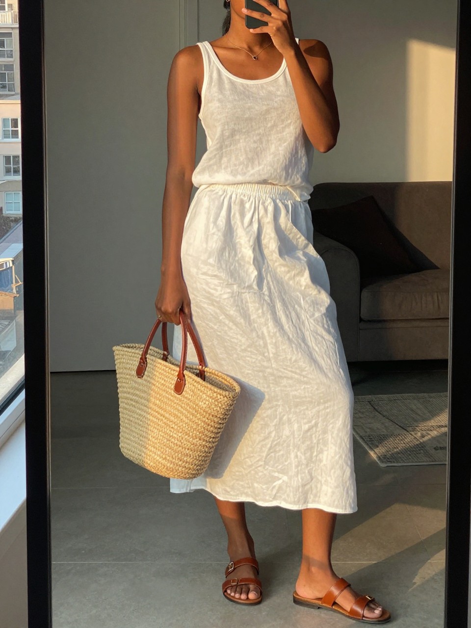 mirror selfie of a black woman wearing a white linen tank top tucked into a white linen midi skirt with brown leather flat sandals, holding a large straw basket bag, standing in an easy summer pose, cropped at NECK so face doesn't show, in a city apartment, evening golden hour, iPhone photo quality.