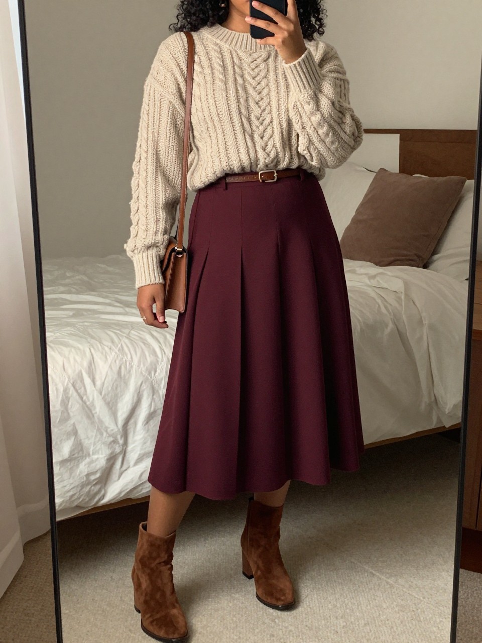 iPhone mirror selfie of a curvy black woman wearing an oatmeal chunky cable-knit sweater tucked into a burgundy pleated midi skirt with brown suede block-heel ankle boots and a thin brown belt, holding a brown crossbody bag, standing in a cozy elegant pose, cropped at NECK so face doesn't show, in a feminine-themed bedroom, warm moody lighting, iPhone photo quality.