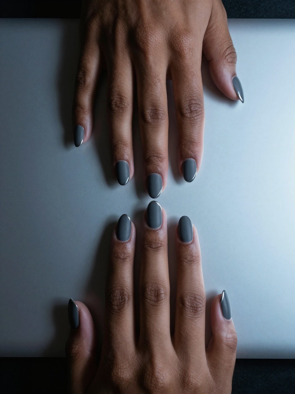 Top-down view of black feminine hands with short almond nails posed against a sleek laptop. The nails are a dark matte charcoal grey. A fine, metallic silver line traces the curved tip of each nail, highlighting the shape. The lighting is cool and tech-inspired.