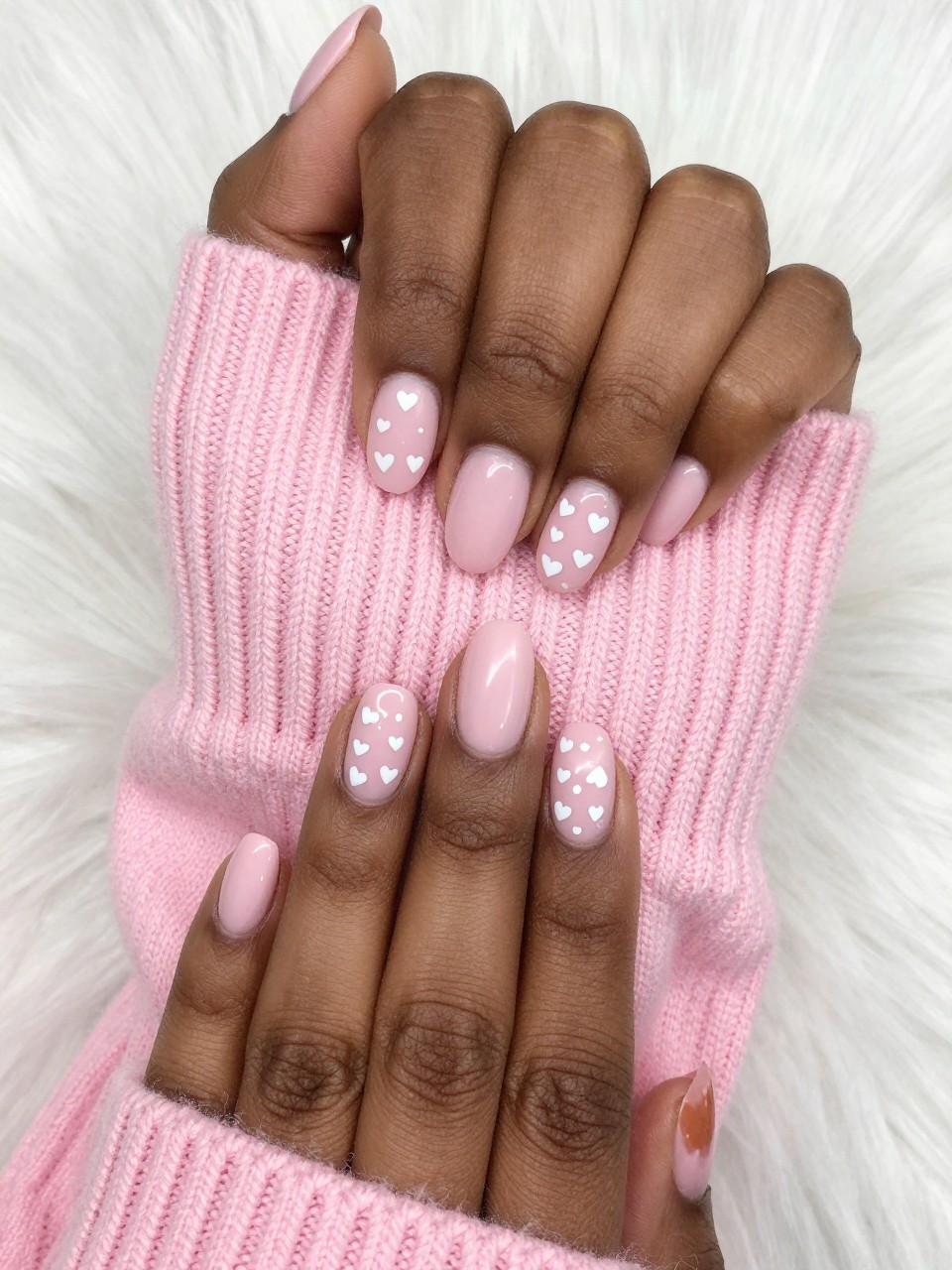 Overhead, top-down view of black feminine hands with short, rounded nails resting on a fluffy pink sweater. The nails are a matte baby pink. Dozens of micro white hearts are scattered playfully across each nail. The setting is cozy and bright, with soft natural light.