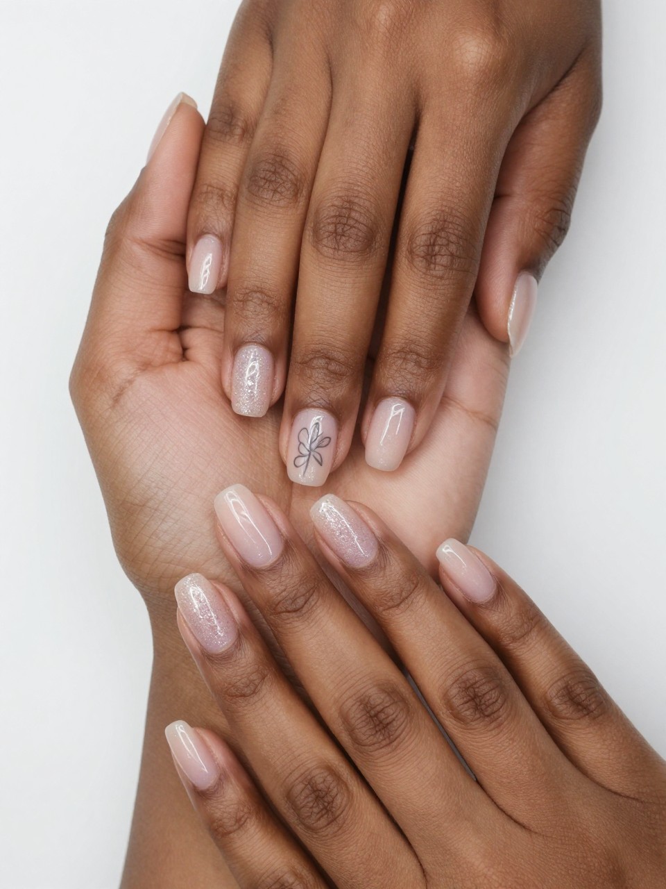 Bird's-eye view of black feminine hands where the nail tips catch a soft glittery sparkle. On the sheer nail bed, a faint grey outline of a small flower is drawn. The overall impression is shiny yet understated.