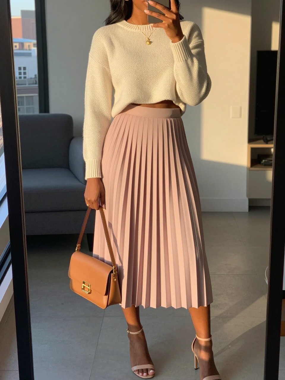 iPhone mirror selfie of a black woman wearing a cream cropped cashmere sweater with a high-waisted blush pink pleated midi skirt and nude heeled sandals, a delicate gold pendant visible, holding a tan leather crossbody bag, standing in an elegant feminine pose, cropped at NECK so face doesn't show, in a city apartment, evening golden hour, iPhone photo quality.