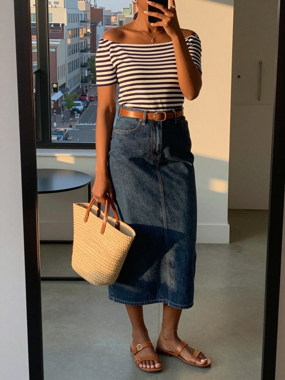 mirror selfie of a black woman wearing a navy and white striped boatneck top tucked into a dark-wash denim midi skirt with a brown leather belt and flat tan leather sandals, holding a straw market bag, standing in a relaxed elegant pose, cropped at NECK so face doesn't show, in a city apartment, evening golden hour, iPhone photo quality.