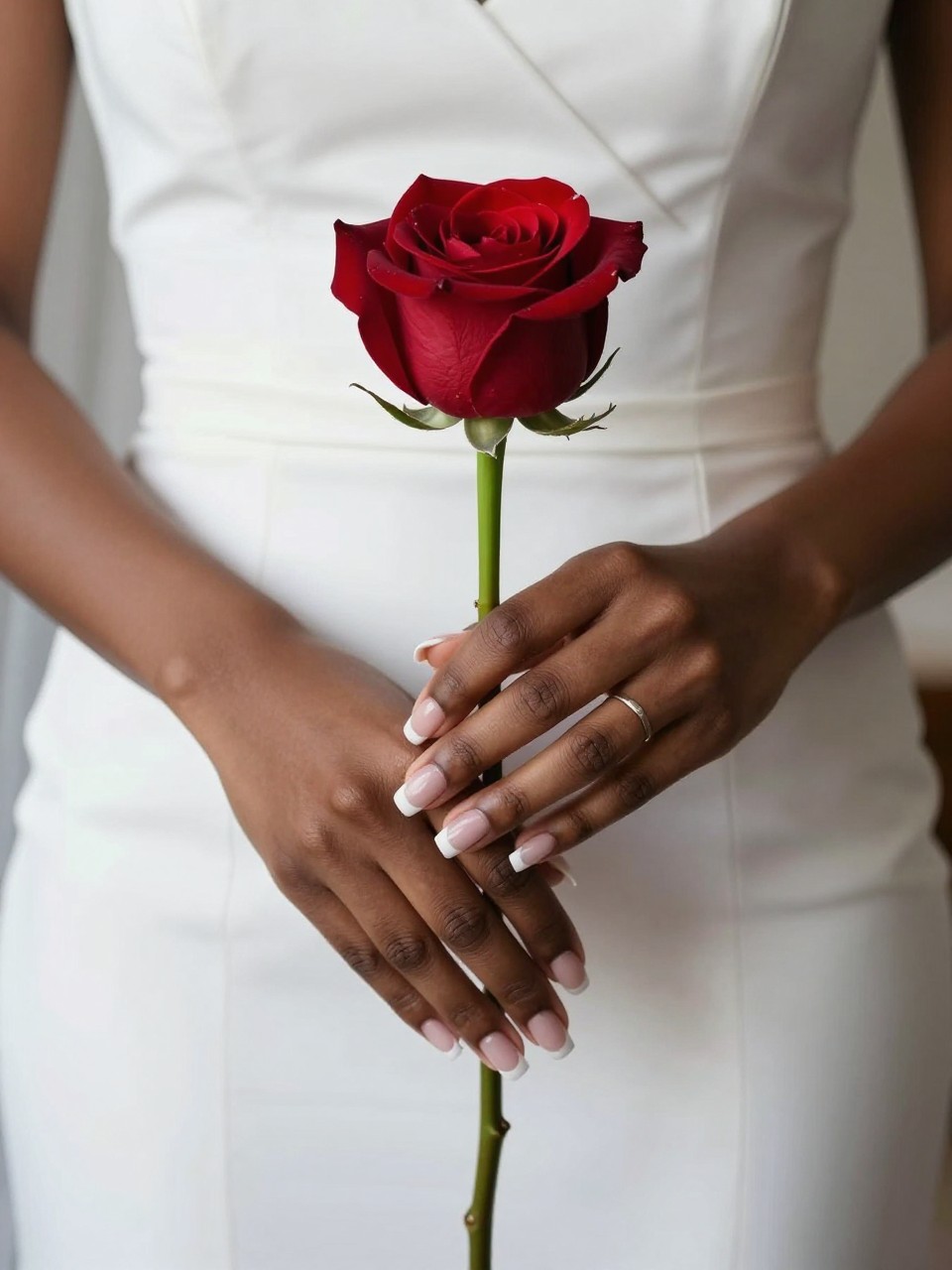Dramatic shot of a black feminine bride’s hands holding a deep red rose against her white dress. Most nails are a classic French manicure. The ring fingers feature a single, lush red rose. The contrast is bold, romantic, and stunning.