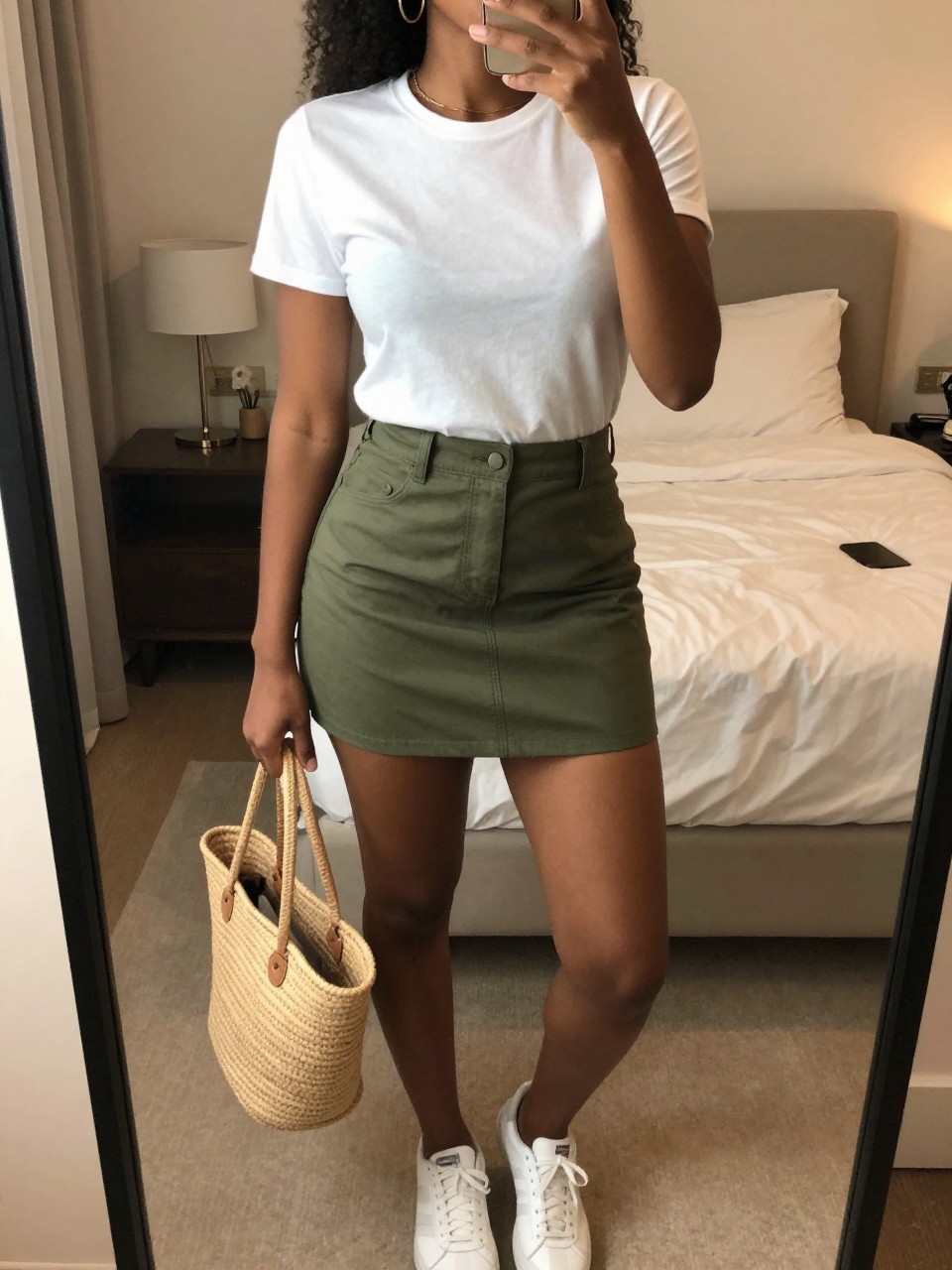 iPhone mirror selfie of a black woman wearing a white crewneck t-shirt tucked into an olive green A-line mini skirt with white sneakers and gold hoop earrings, holding a straw tote bag, standing in a relaxed pose, cropped at NECK so face doesn't show, in a feminine-themed bedroom, warm moody lighting, iPhone photo quality.