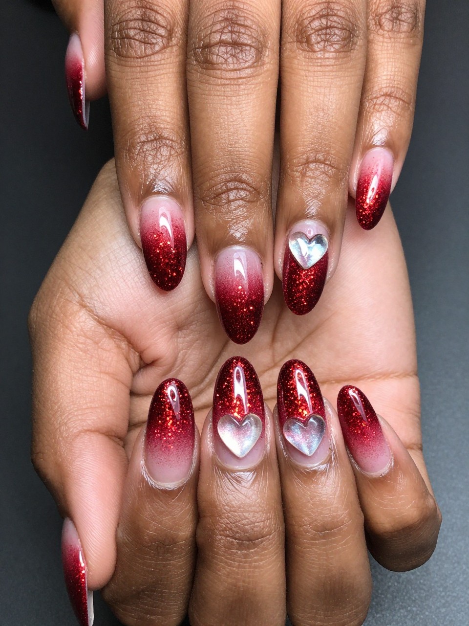 Bird's-eye view of black feminine hands showing a vibrant red glitter gradient. At the dense glittery tip of each nail, a clear, shimmering cat eye heart is distinctly visible. The combination of glitter and magnetic pull is dazzling.