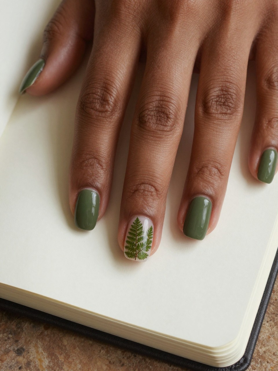 Macro, top-down view of black feminine hands with rounded nails over an open nature journal. The nails are matte olive green. The ring finger nail design have real, delicate pressed fern fronds encapsulated under a domed glossy top coat. The scene feels earthy and authentic.