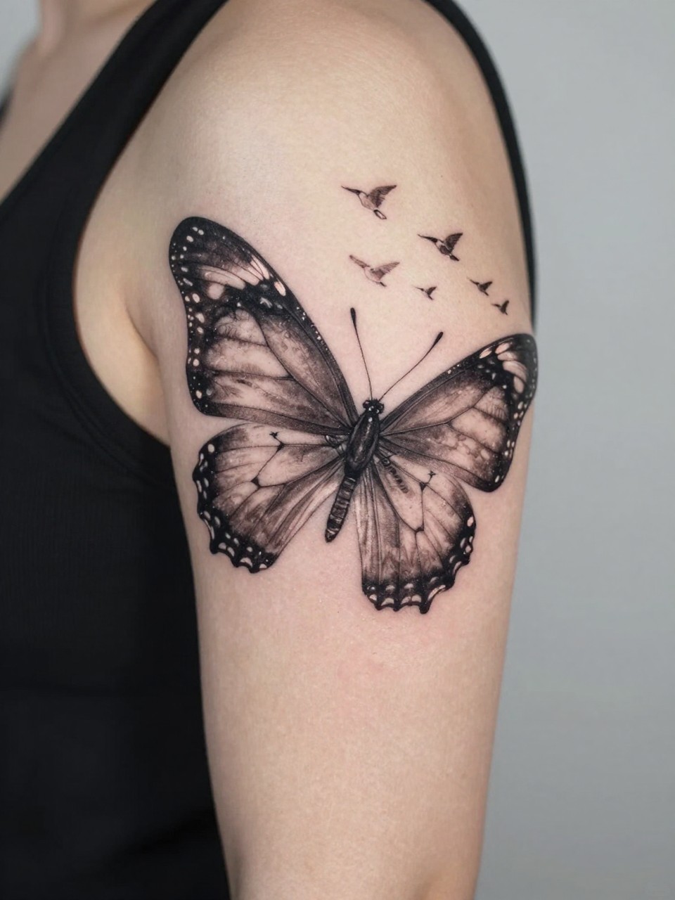 Bicep detail tattoo: a realistic butterfly whose left wing seamlessly morphs into a flock of tiny paper birds. Surreal, seamless transition, detailed shading."