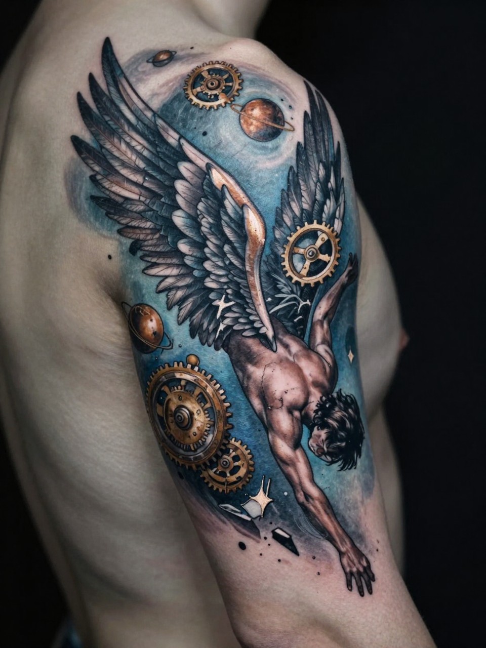Diagonal composition from shoulder to opposite hip tattoo: A figure in freefall, intricate wings disintegrating. Planets and shattered clockwork float in the background. A moody, emotional piece in blue and bronze."