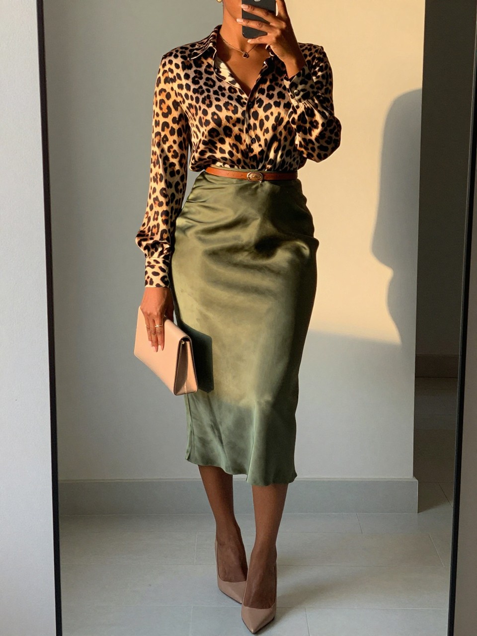 mirror selfie of a black woman wearing a leopard print silk blouse tucked into an olive green satin midi skirt with nude pointed heels and a thin brown belt, holding a small nude clutch, standing in an elegant pose, cropped at NECK so face doesn't show, in a city apartment, evening golden hour, iPhone photo quality.