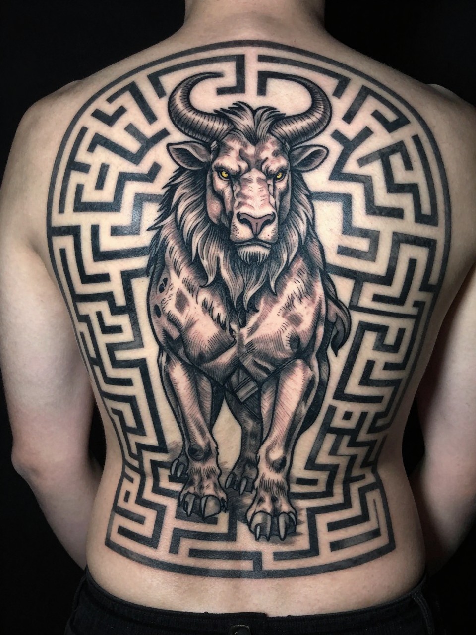 Full back, top-down tattoo: A detailed, single-path labyrinth fills the space, with a muscular Minotaur figure in the center. Geometric, precise linework for the maze, realistic shading for the creature.