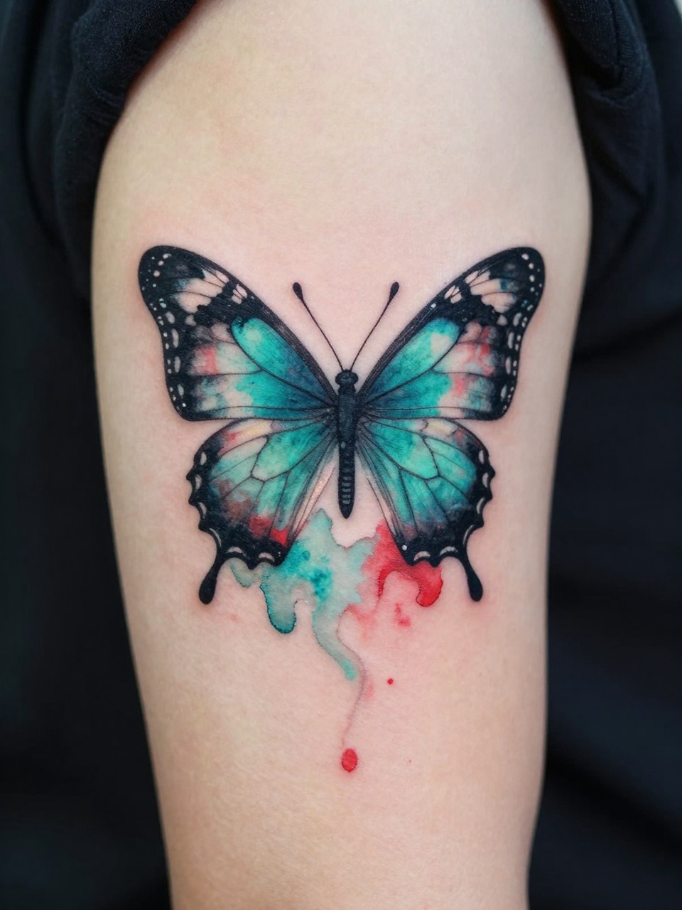 Close-up of a bicep area tattoo: a butterfly with detailed edges half-submerged in a flowing turquoise and crimson watercolor splash. The color bleeds softly into the skin."