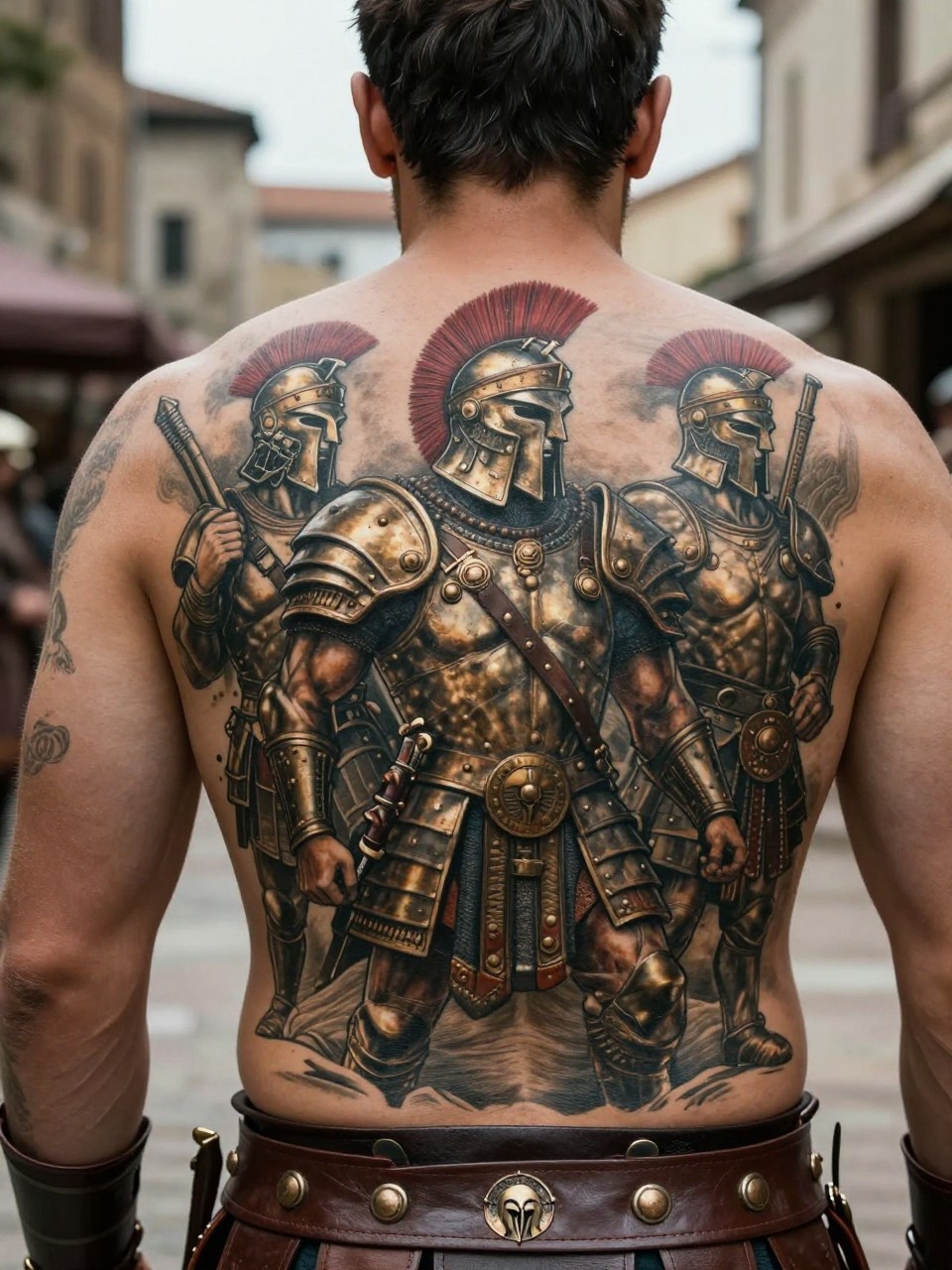 Back-wide scene: The tattoo of Spartan warriors on a man's back , it is detailed with leather and bronze armor. Low perspective looking up, conveying immense scale and order."