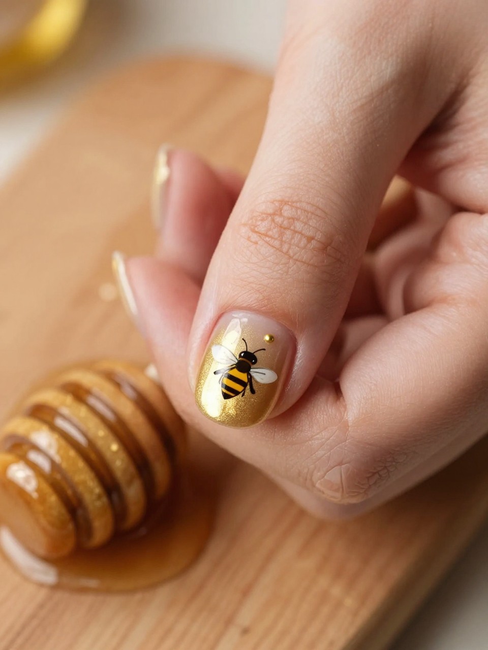 Close-up, top-down view of a nail. The base is glossy honey gold. A small painted bee is next to a tiny gold stud. The hands rest on a honey dipper and wooden cutting board, creating a thematic scene.