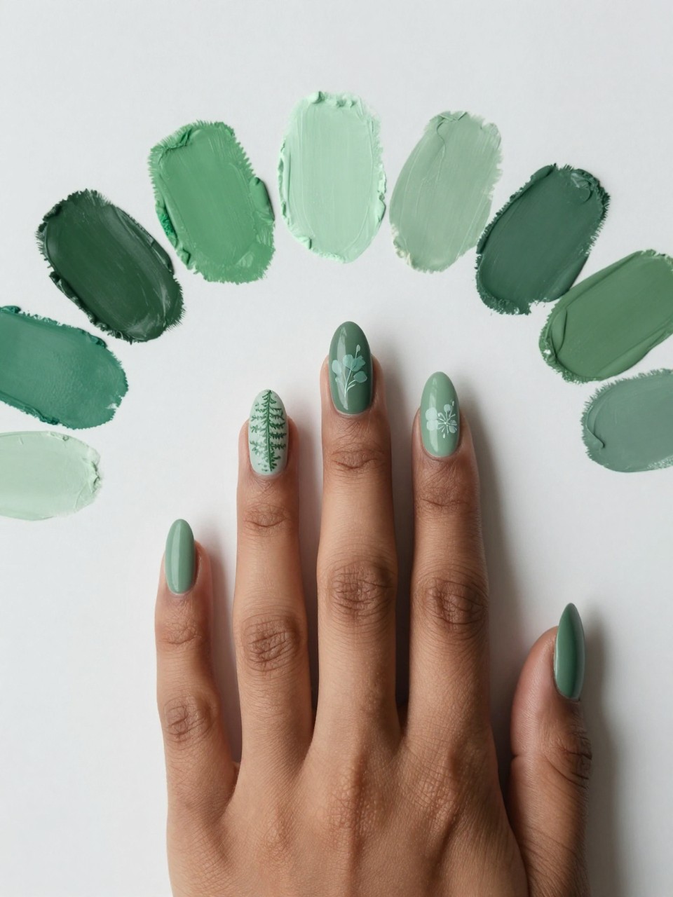 Top-down view of black feminine hand with almond nails on a palette of green paint swatches. Each nail is a different shade of matte green, from sage to forest. Subtle white floral and fern shapes are painted on, almost ghost-like. The look is artistic and tonal.