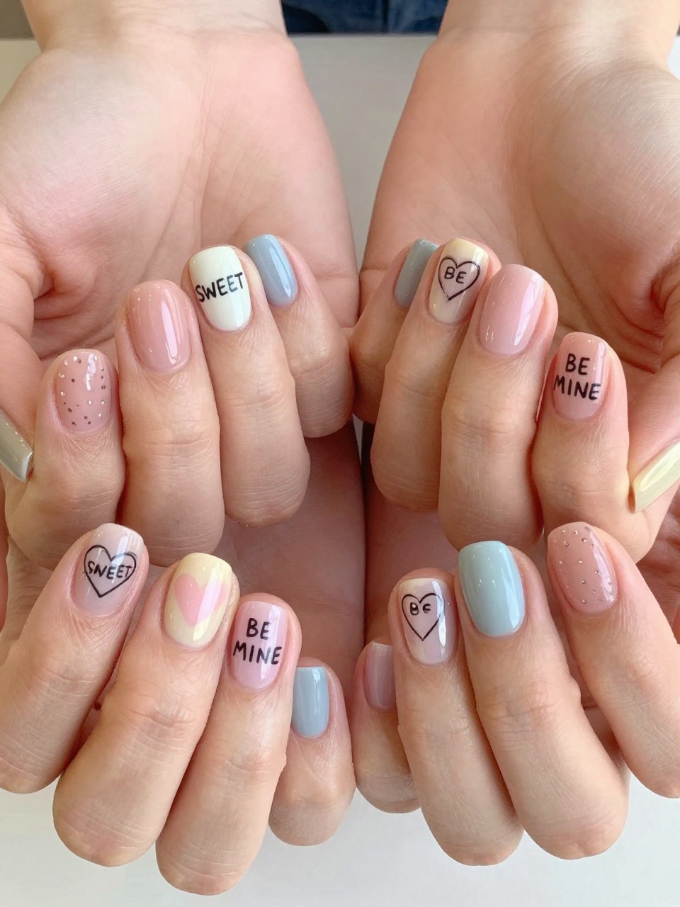 Top-down view of hands with short nails, each a different pastel color. Each nail has a hand-lettered word like "SWEET" or "BE MINE" inside a small drawn heart. The vibe is playful, retro, and sweet.