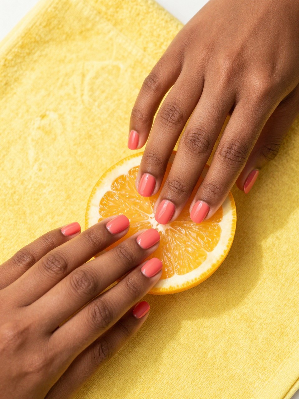 Bird's-eye view of black feminine hands with short, rounded nails laid near a slice of citrus fruit. The nails are a vibrant, matte coral pink. The background is a sunny yellow kitchen towel, making the color pop with a cheerful, summery vibe.