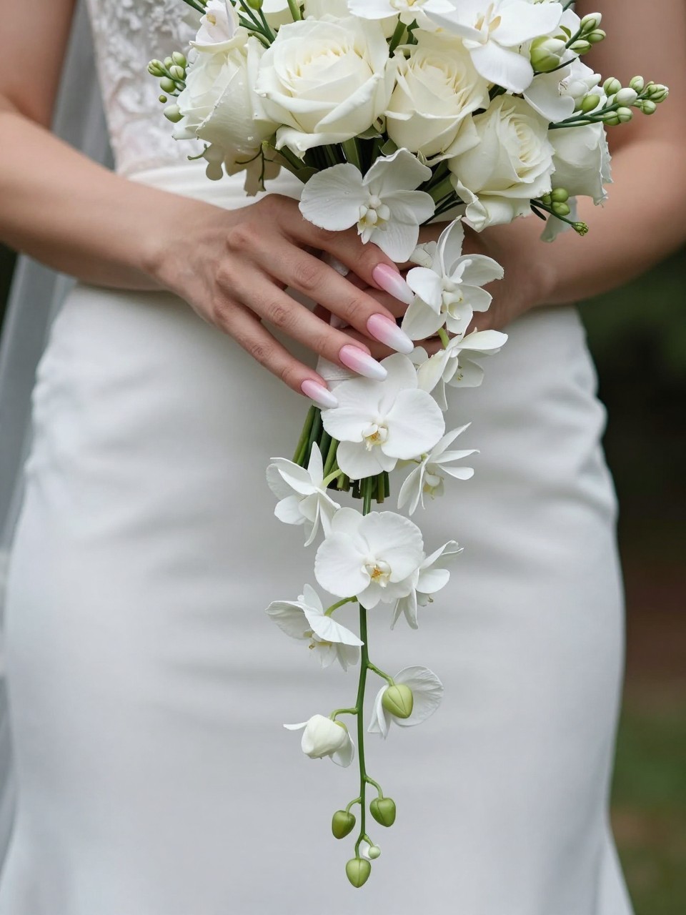Angled view of a bride’s hands with long nails holding a cascading bouquet. The nails show a soft pink-to-white ombré. A delicate vine with white blooms trails down one side of each nail. The effect is fluid, romantic, and beautifully coordinated.