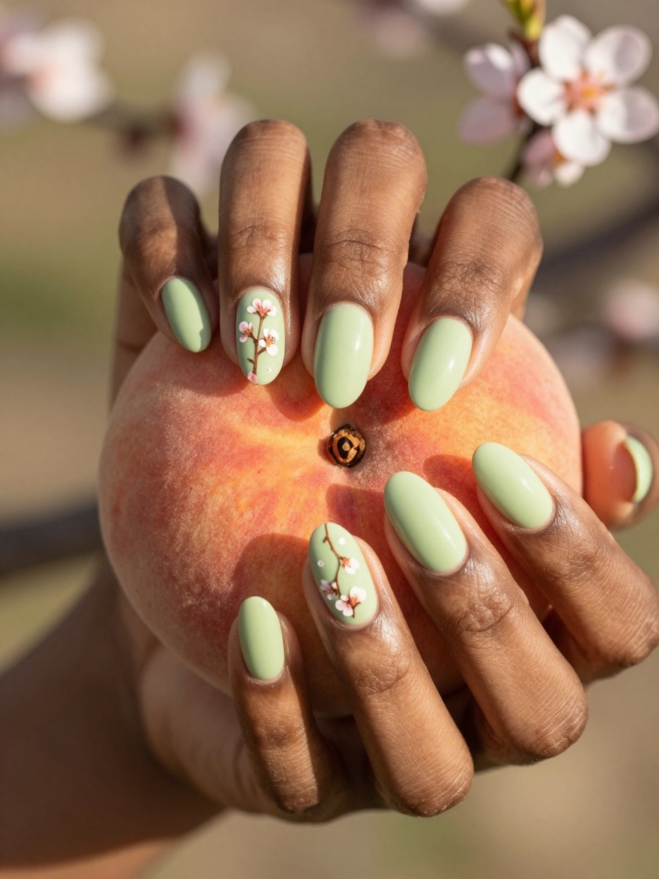 Bird's-eye view of black feminine hands with oval nails holding a peach. The nails are a creamy matte pistachio green. Delicate branches with tiny peach-colored blossoms are painted on each nail. The setting is warm and sunlit, full of hopeful spring energy.