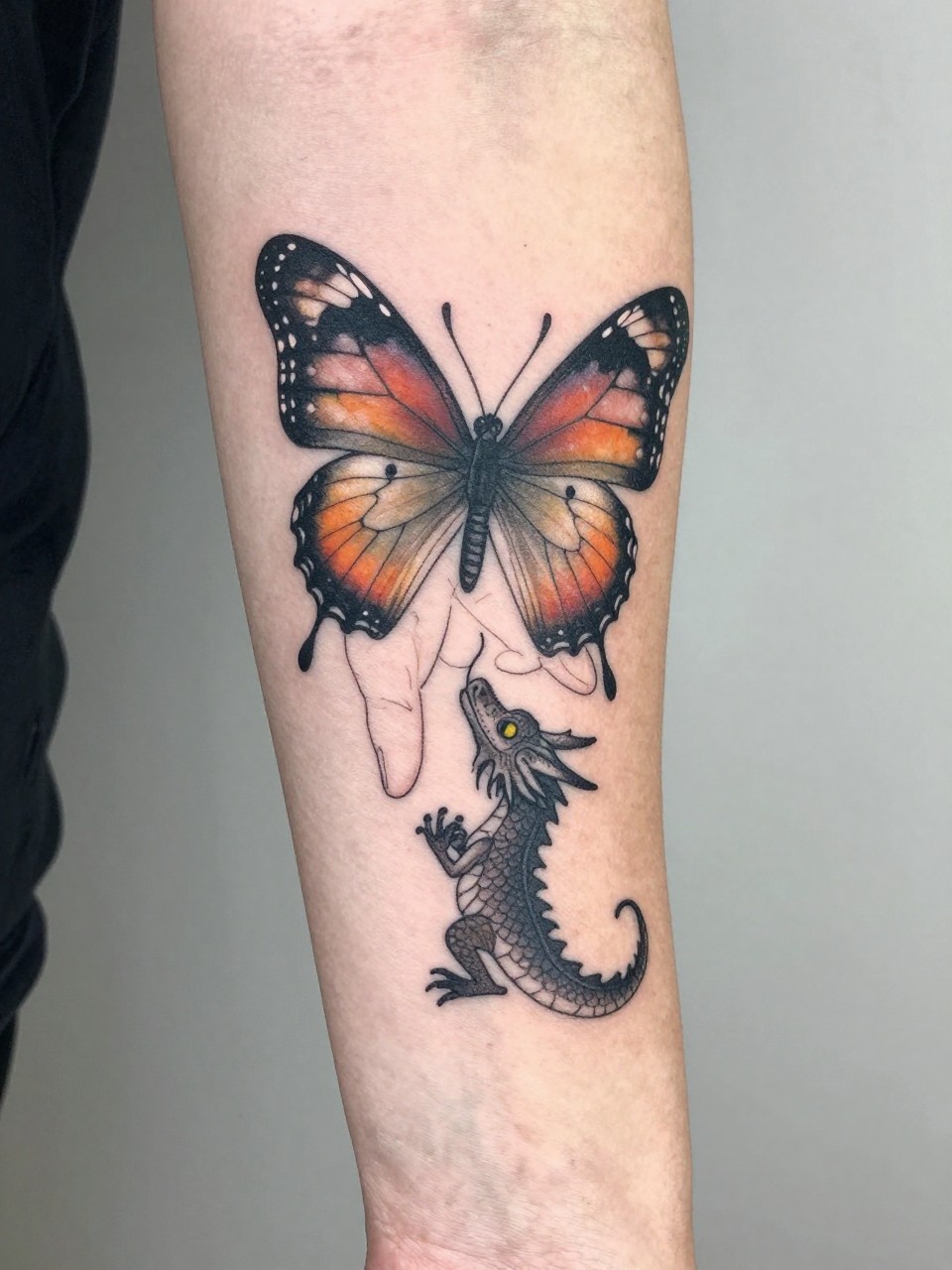 Detailed forearm shot tattoo: an illustrative butterfly the size of a hand, perched on a tiny dragon's snout. Whimsical lines, soft colors, narrative style."