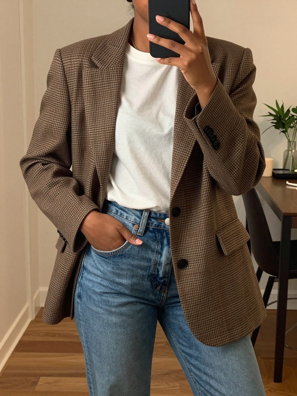 mirror selfie of a Black woman wearing a brown plaid blazer with a white tee and blue jeans, standing with one hand in her pocket and phone in the other, cropped at NECK so face doesn't show, in a city apartment, warm moody lighting, iPhone photo quality.