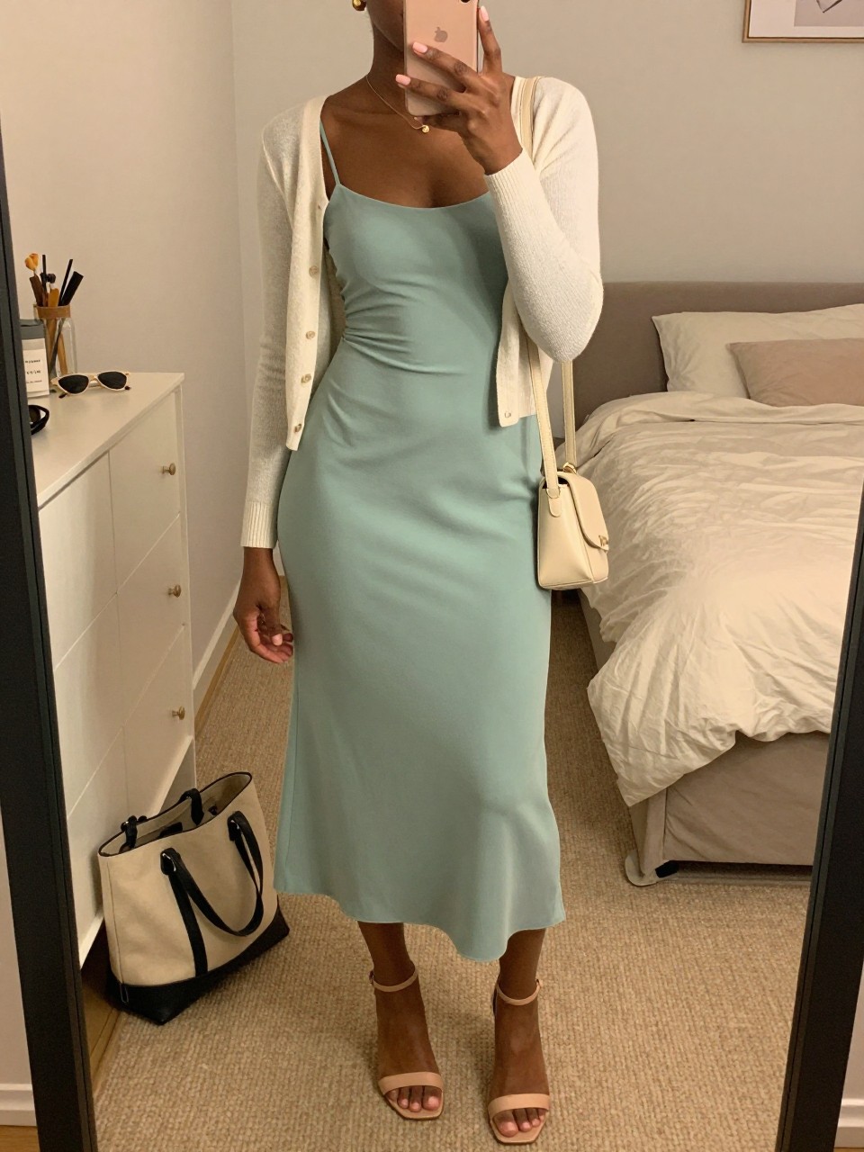 mirror selfie of a black woman wearing a soft green crepe midi dress with an ivory light cardigan, nude leather heeled sandals, simple gold stud earrings, and a cream mini shoulder bag, holding a phone in front of a mirror, cropped at NECK so face doesn't show, with a natural casual selfie pose, in a feminine-themed bedroom, warm moody lighting, including small lived-in details like a tote bag on the floor, sunglasses on a dresser, or soft bedding in the background, latest iPhone photo quality.