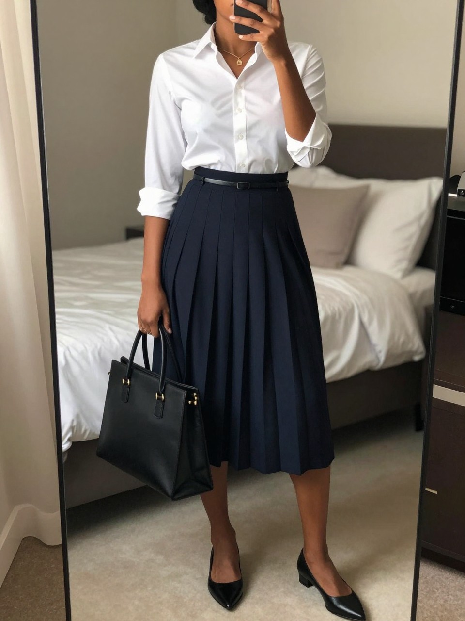 iPhone mirror selfie of a black woman wearing a crisp white button-down shirt with rolled sleeves tucked into a navy pleated midi skirt with a thin black belt and black pointed flats, holding a structured black tote, standing in a polished professional pose, cropped at NECK so face doesn't show, in a feminine-themed bedroom, warm moody lighting, iPhone photo quality.