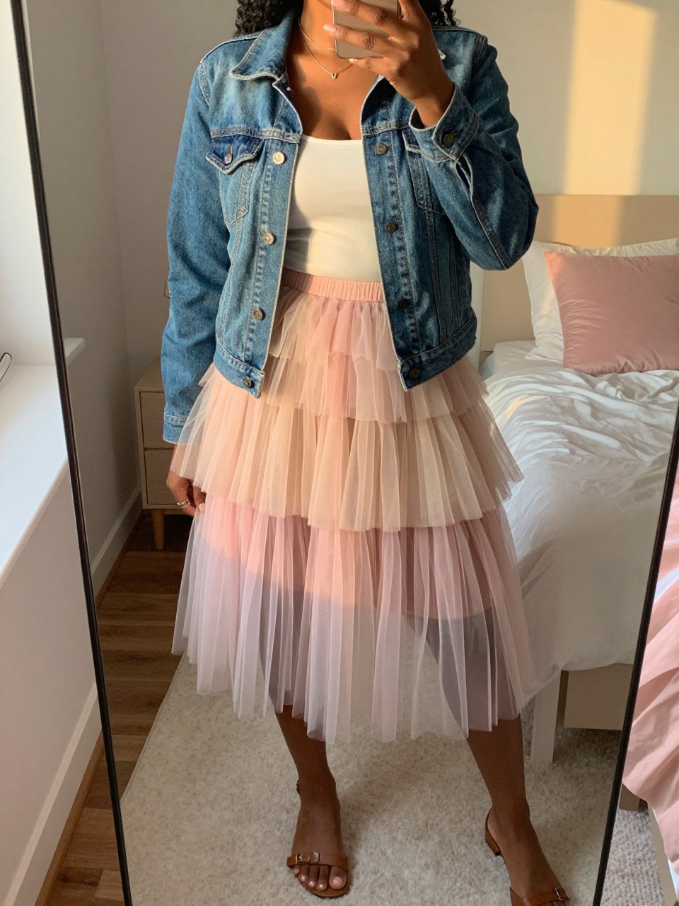 mirror selfie of a black woman wearing a blue denim jacket over a white tank top with a layered pastel tulle fairy skirt and flat brown sandals, one hand in her jacket pocket, cropped at NECK so face doesn't show, in a feminine-themed bedroom, evening golden hour, iPhone photo quality.