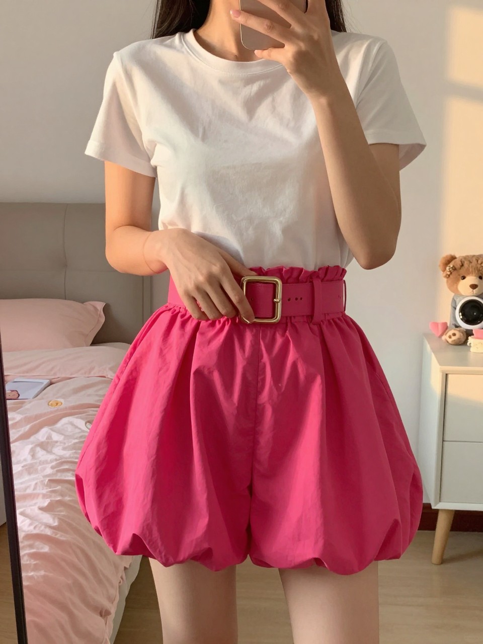 iPhone mirror selfie of a woman in a white t-shirt and a fuchsia bubble skirt with a statement belt, hand resting on the belt buckle, cropped at NECK so face doesn't show, in a feminine-themed bedroom, evening golden hour, iPhone photo quality.