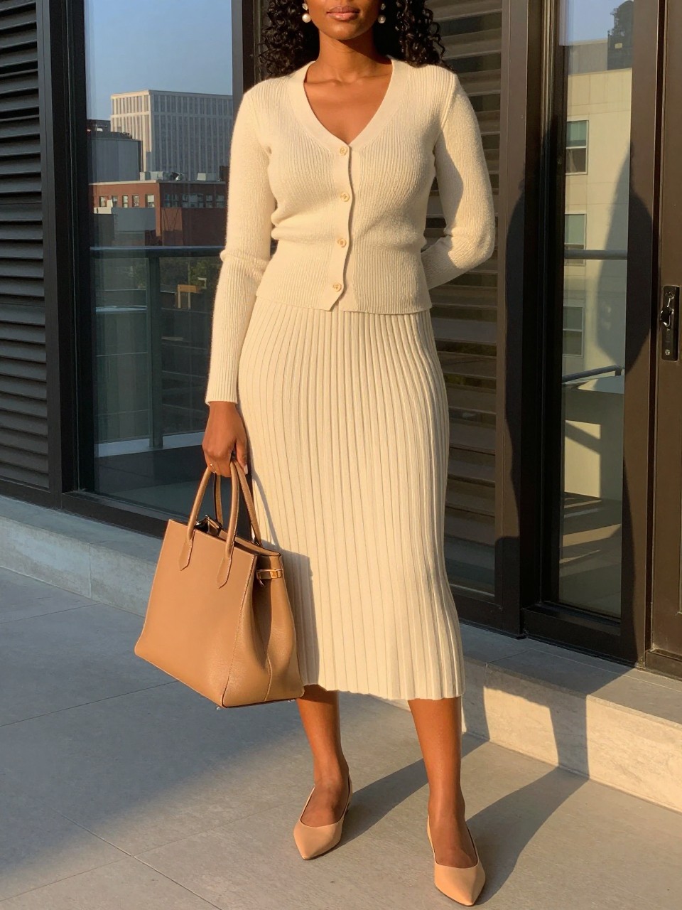 Photo of a black woman wearing a matching cream knit twin set—a fitted cardigan and matching pleated midi skirt—with nude pointed flats and pearl stud earrings, holding a structured tan tote, standing in an elegant polished pose, cropped at NECK so face doesn't show, in a city apartment, evening golden hour, iPhone photo quality.