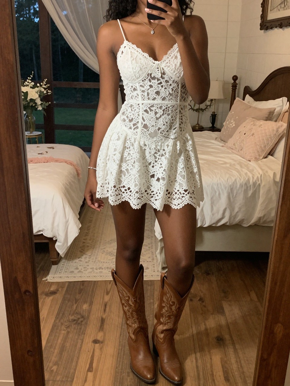mirror selfie of a black woman in a white lace dress and cowboy boots, standing at a rustic venue or outdoor ceremony space, cropped at NECK so face doesn't show, in a feminine-themed bedroom, warm moody lighting, iPhone photo quality.