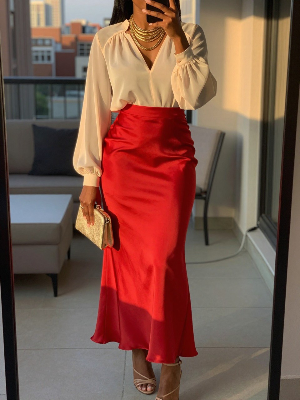 mirror selfie of a black woman wearing a cream sheer chiffon blouse with layered gold necklaces tucked into a satin true red maxi skirt with nude strappy heels, holding a small gold clutch, standing in an elegant evening pose, cropped at NECK so face doesn't show, in a city apartment, evening golden hour, iPhone photo quality.
