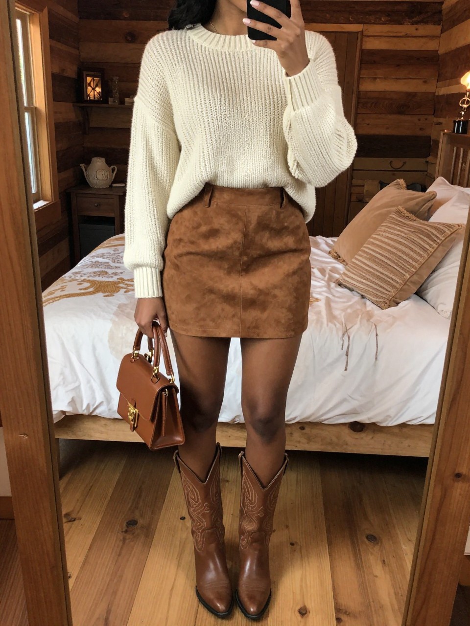mirror selfie of a black woman in a suede skirt and knit sweater with cowboy boots, standing at a rustic cabin or fall venue, cropped at NECK so face doesn't show, in a feminine-themed bedroom, warm moody lighting, iPhone photo quality.