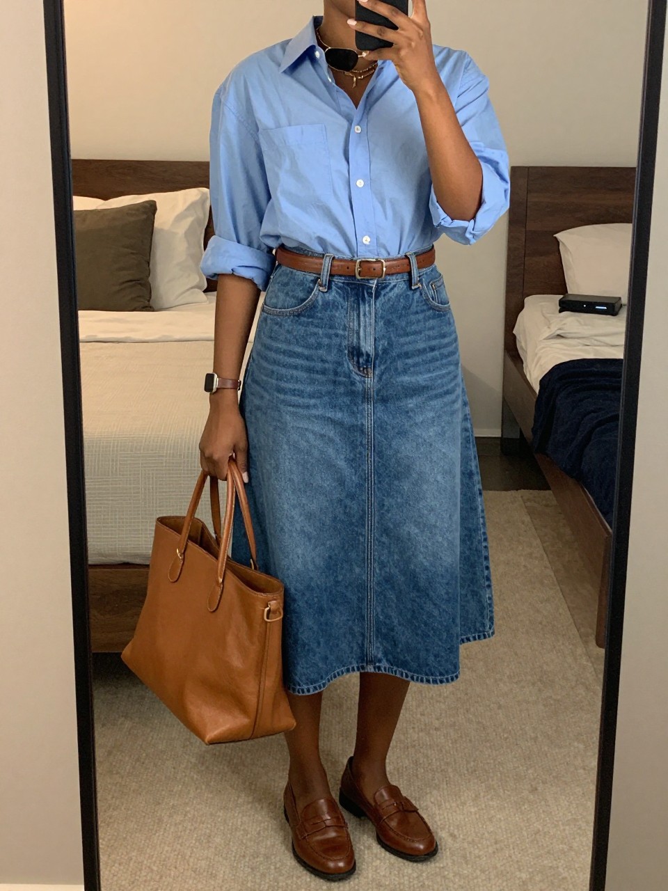 mirror selfie of a black woman wearing a blue oxford shirt with rolled sleeves tucked into a mid-wash denim A-line skirt with a brown leather belt and matching brown loafers, holding a tan leather tote, sunglasses perched on her head, standing in a polished casual pose, cropped at NECK so face doesn't show, in a feminine-themed bedroom, warm moody lighting, iPhone photo quality.
