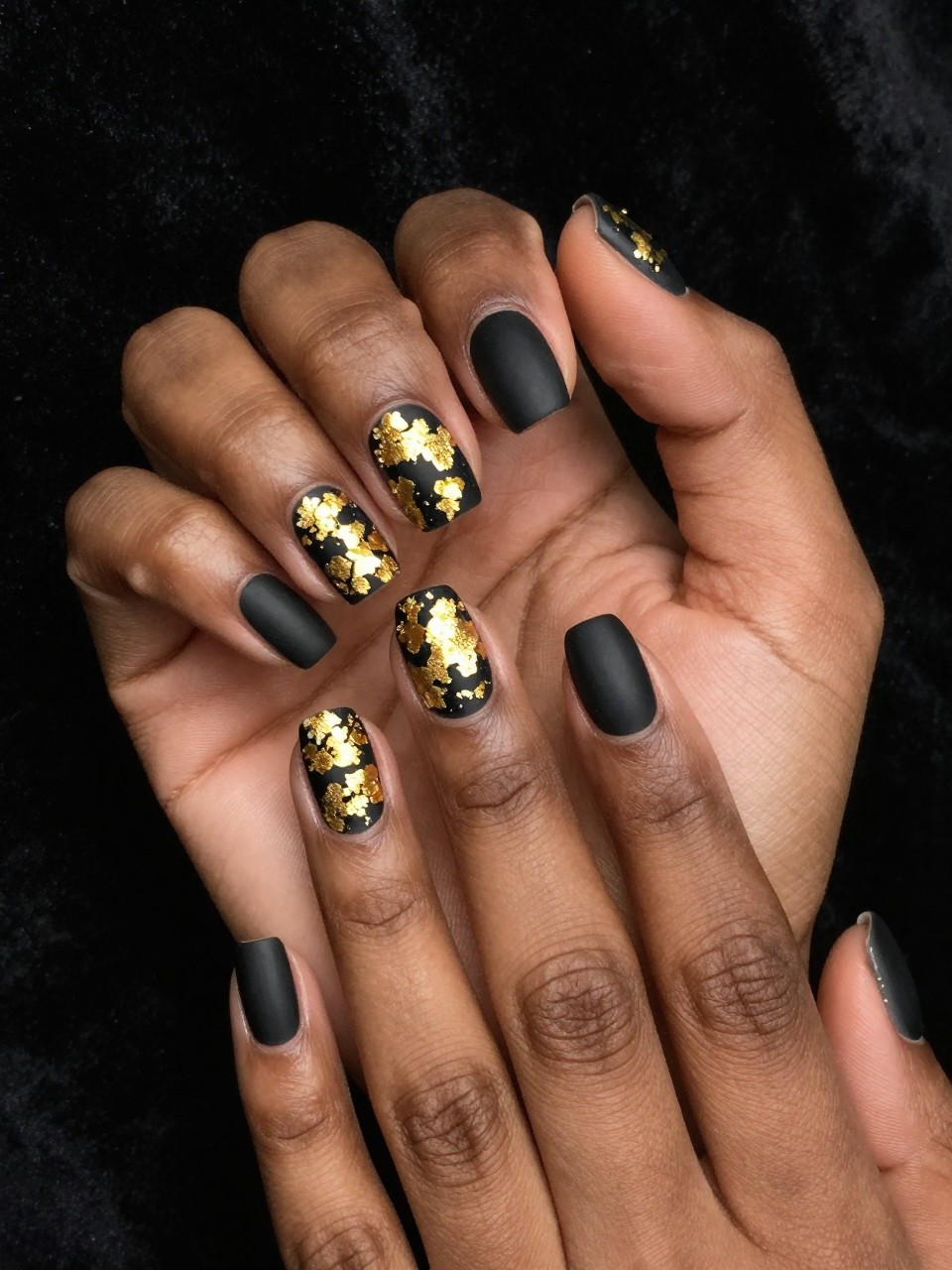 Macro, top-down view of black feminine hands with rounded nails against a black velvet background. The nails are matte black. Fragmented, shiny gold leaf is arranged in asymmetric, floral-inspired clusters on each nail. Warm light makes the gold gleam.