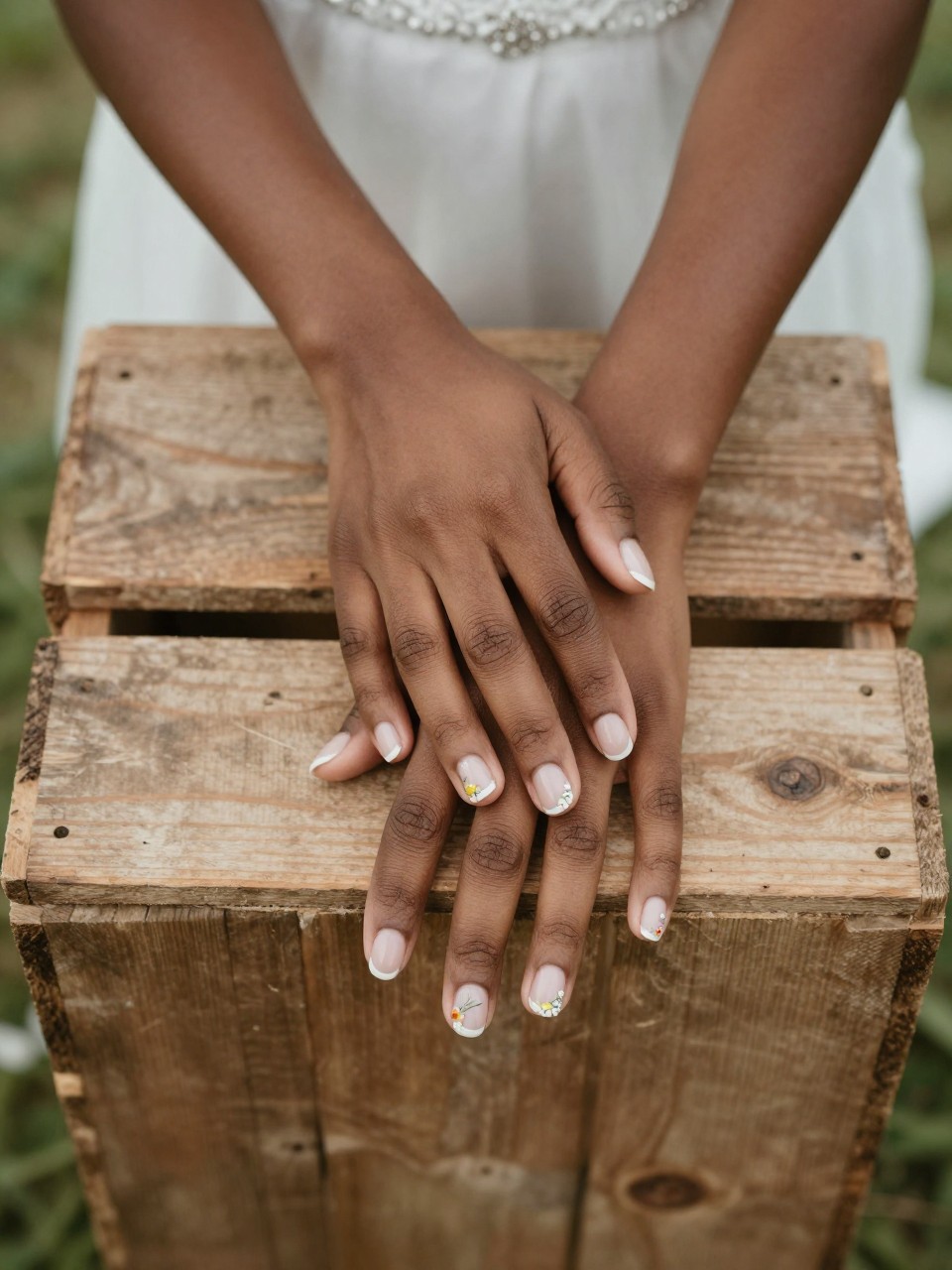 Bird's-eye view of a black feminine bride’s hands with short, rounded nails resting on a rustic wooden crate at an outdoor wedding. The nails have a sheer base. Each nail features a different tiny wildflower sprig. The mood is natural, sweet, and relaxed.