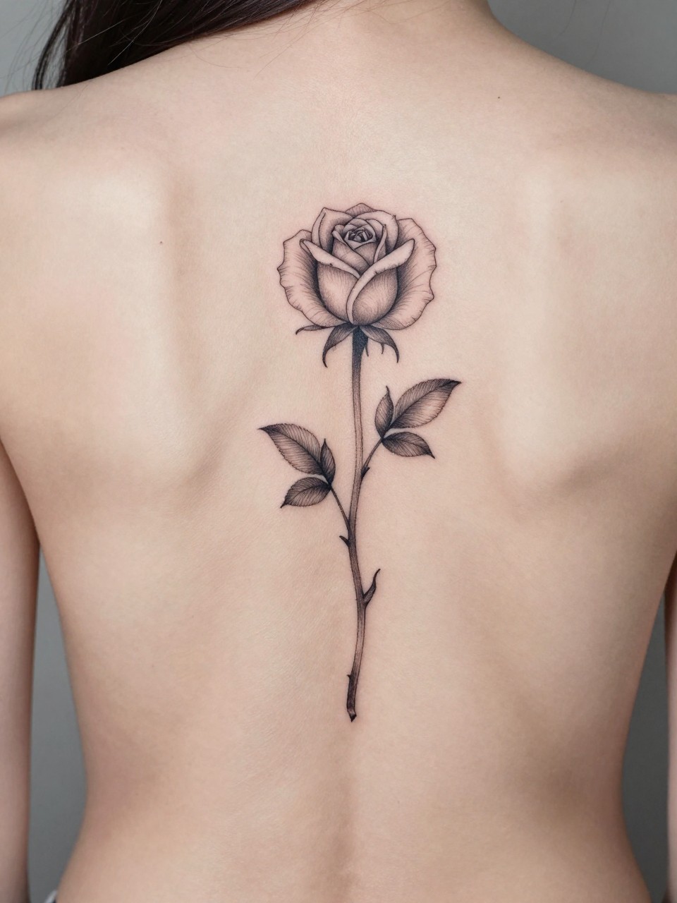 Close-up of the spine tattoo: a fine-line black rose vine tattoo traveling up the vertebrae. One detailed rose is in full bloom at the mid-back. The stem is delicate, with minimal leaves. Clean, elegant focus."