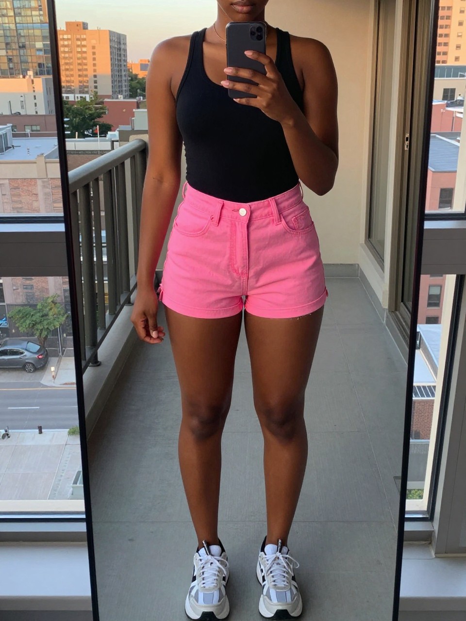 iPhone mirror selfie of a black woman in hot pink denim shorts and a black tank with chunky sneakers, holding phone at chest level, cropped at NECK so face doesn't show, in a city apartment, evening golden hour, iPhone photo quality.