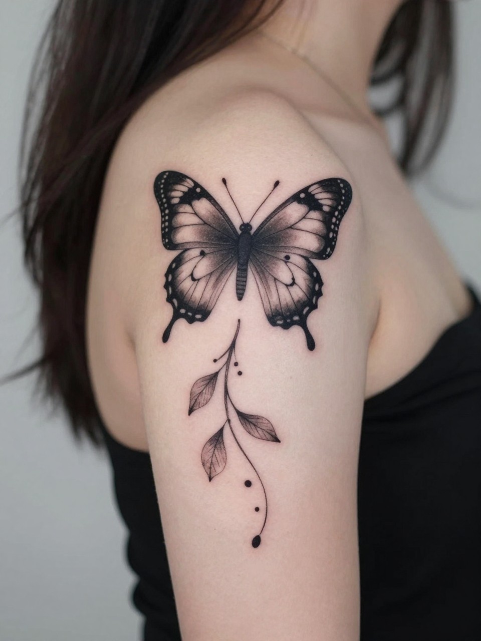 View of the shoulder and upper arm tattoo: a bold butterfly on the shoulder cap with vines and dotwork beginning to extend down the bicep."