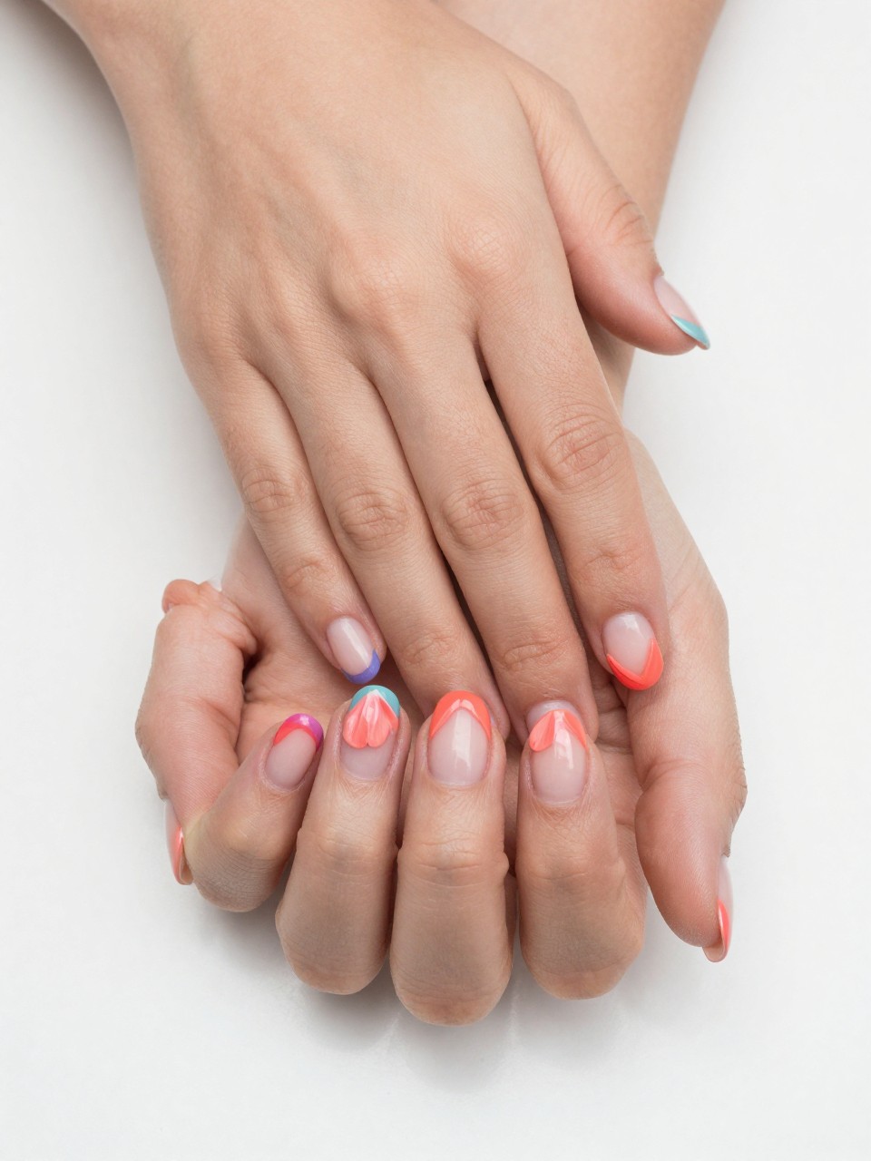 Side-angle, top-down view of hands with a coral French manicure. On the natural base of each nail design, there is a single coral petal is painted on the colorful tip. The look is clean and subtly narrative.