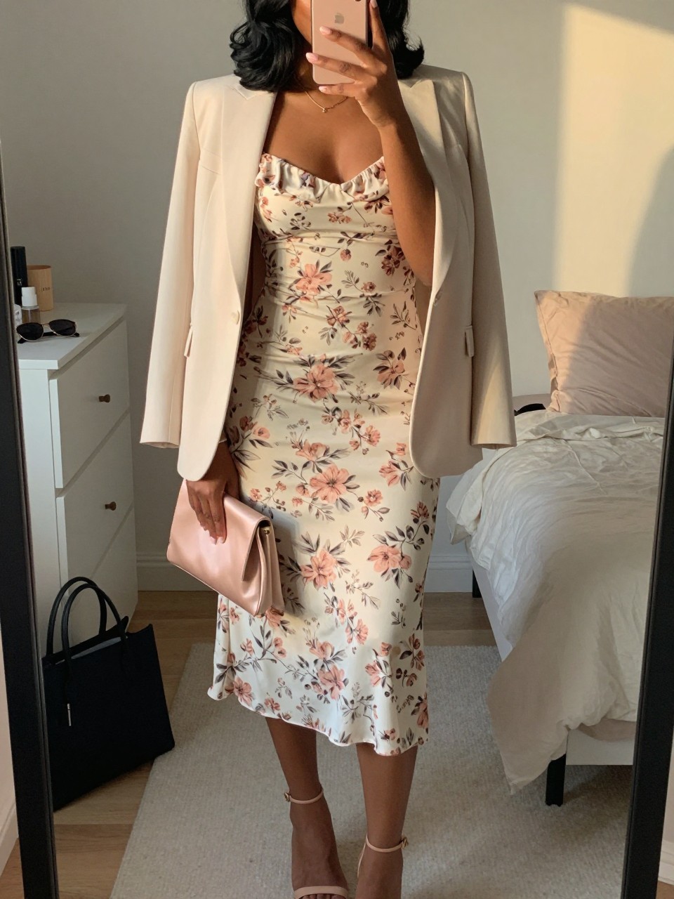 mirror selfie of a black woman wearing a cream base floral midi dress with muted pink flowers and an ivory light blazer, nude strappy heels, a blush satin small clutch, and soft waves with a clean side part, holding a phone in front of a mirror, cropped at NECK so face doesn't show, with a natural casual selfie pose, in a feminine-themed bedroom, evening golden hour, including small lived-in details like a tote bag on the floor, sunglasses on a dresser, or soft bedding in the background, latest iPhone photo quality.