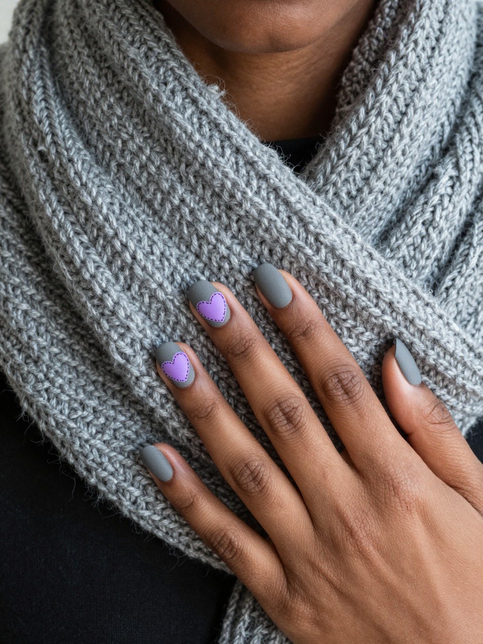 Bird's-eye view of black feminine hands resting on a chunky knit grey scarf. The nails are a matte heather grey and has a lavender heart with dashed "crochet" stitches around painted on each nail. The vibe is warm, crafty, and comforting.