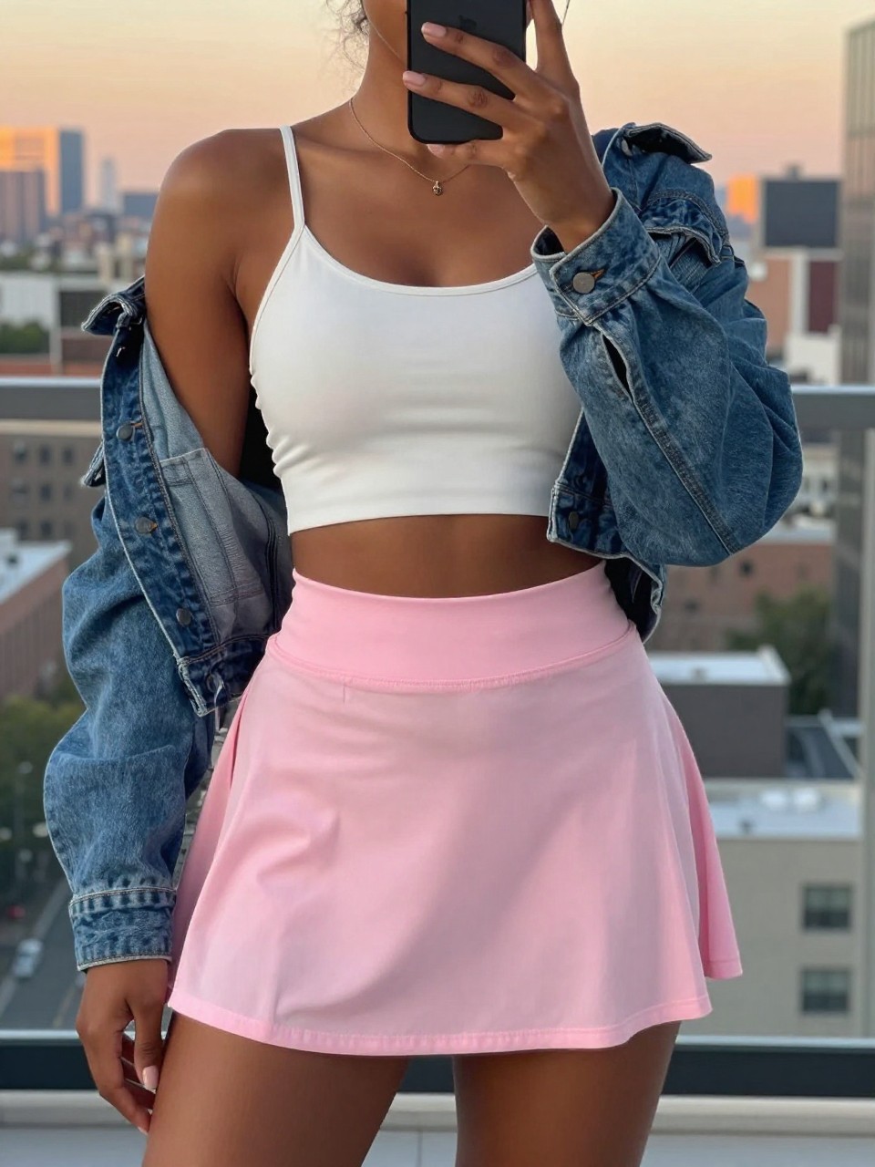 mirror selfie of a black woman wearing a white crop top with a pastel pink tennis skirt and a blue denim jacket draped over her shoulders, holding her phone up, cropped at NECK so face doesn't show, in a city apartment, evening golden hour, iPhone photo quality.