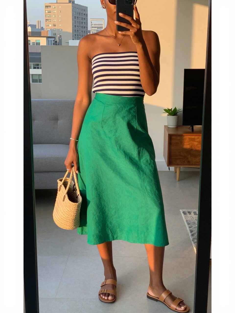 mirror selfie of a black woman wearing a navy and white striped boatneck top tucked into a kelly green A-line midi skirt with flat tan leather sandals and a straw market bag, sunglasses perched on her head, standing in a relaxed summer pose, cropped at NECK so face doesn't show, in a city apartment, evening golden hour, iPhone photo quality.