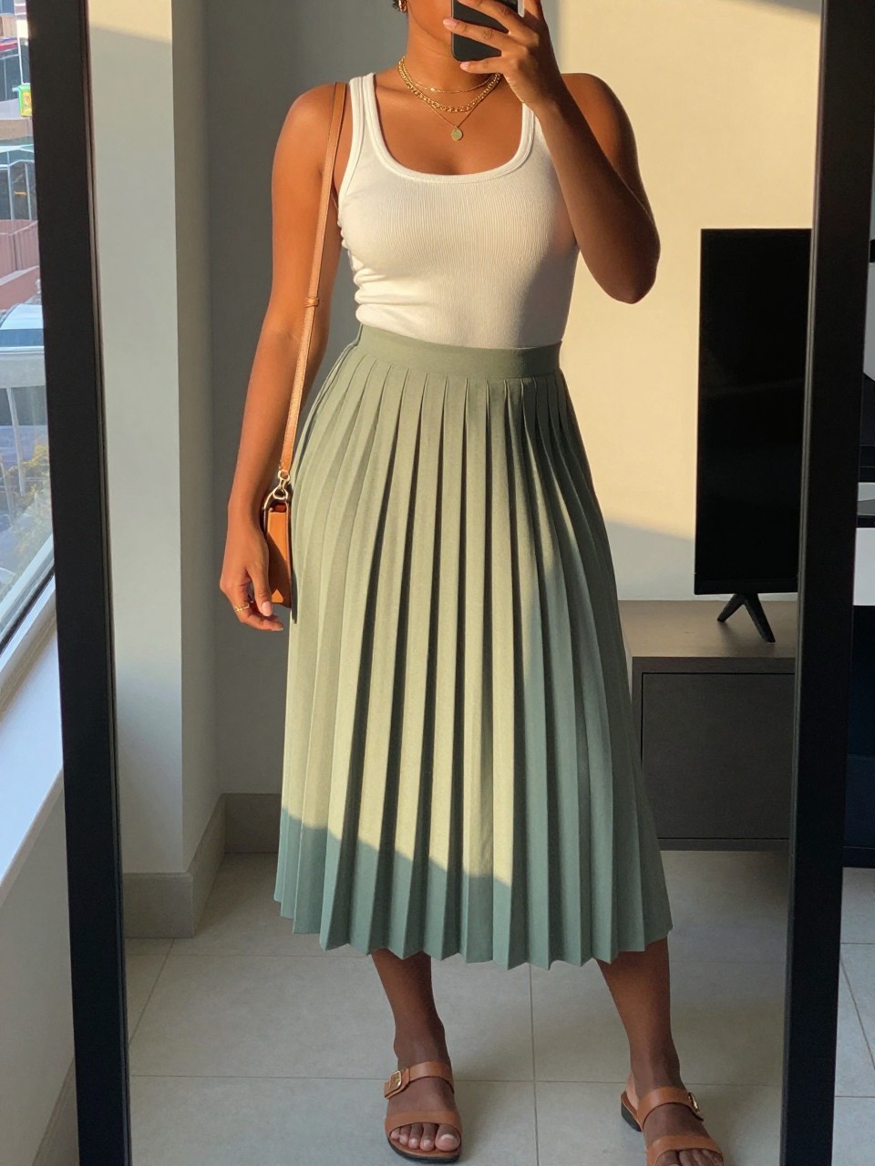 iPhone mirror selfie of a curvy black woman wearing a white fitted ribbed tank top tucked into a sage green pleated midi skirt with layered gold necklaces and flat tan leather sandals, holding a small crossbody bag, standing in a relaxed minimalist pose, cropped at NECK so face doesn't show, in a city apartment, evening golden hour, iPhone photo quality.