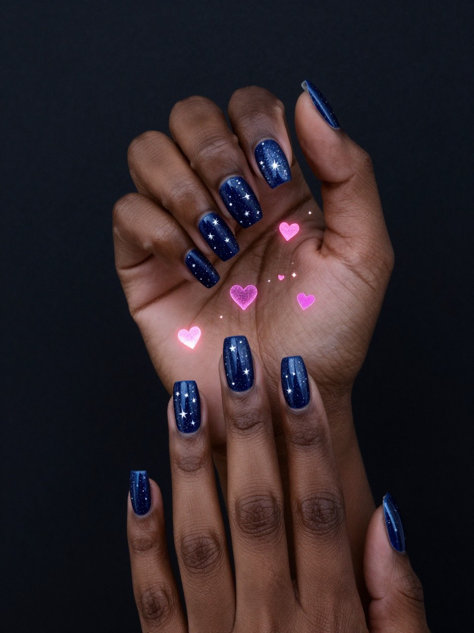Artistic shot of black feminine hands against a dark background. The nails are a deep blue cat eye with white star glitter. Smaller, glowing pink cat eye hearts are scattered among the stars, creating a celestial theme.